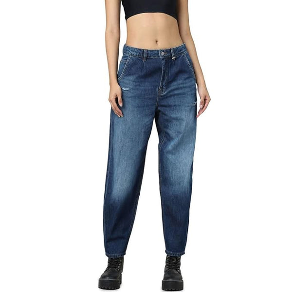ONLY Women Relaxed Fit High-Rise Mildly Distressed Cotton Heavy Fade Stretchable Jeans (Dark Blue Denim)