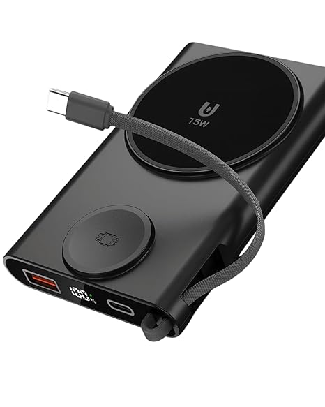 SEVENAIRE P130 3-in-1 Magnetic Power Bank 10000mAh [Magsafe Compatible] with Apple Watch Charging | Magnetic Power Bank for iPhone 12 & Above & iWatch [22.5W Wired], Type C PD Input/Output-JBLK