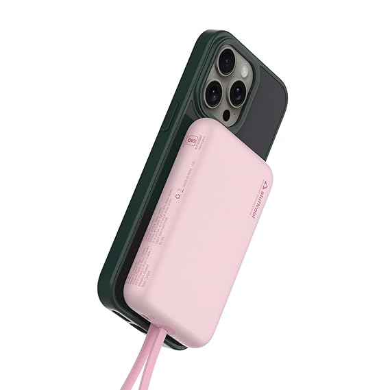 Stuffcool Click Max 10000mAh Powerbank with Built-in PD20W Type-C Cable to Fast Charge iPhones 50% in 30 Mins, 15W Magnetic Wireless Charging for iPhone 12/13/14/15/16 and AirPods Pro (Pink)