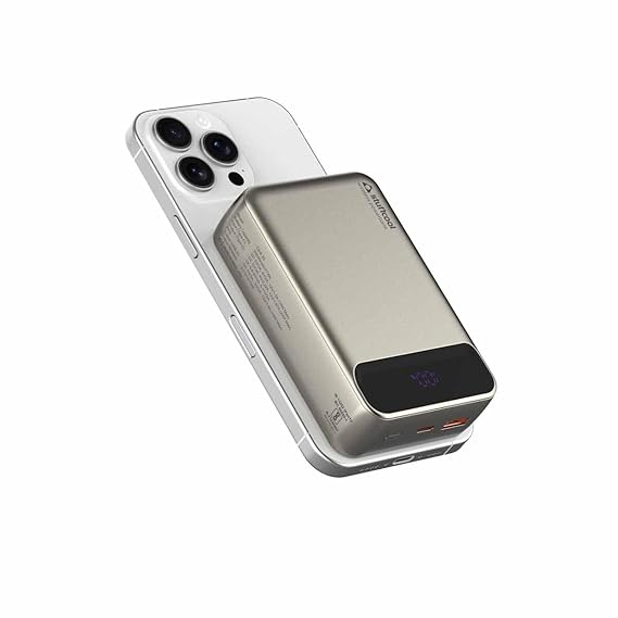 Stuffcool Click 20000mAh Magnetic Wireless Powerbank Natural Titanium Finish Perfect for iPhone 16,15,14,13,12 with Led Display and 20W Fast Wired Charging - Charges iPhone 50% in 30 mins