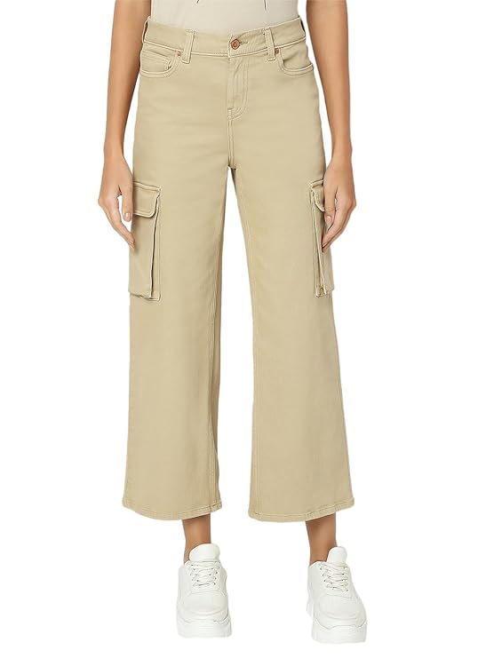 VERO MODA Women's High Waist Cropped Cargo Jeans (Beige)