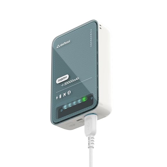 Stuffcool Roam+ 20000mAh Compact Powerbank with 20W Type C Output Charges iPhone 50% in 30 mins and 22.5 Fast Charging, Type A Port - Cool Transparent with Glossy Finish