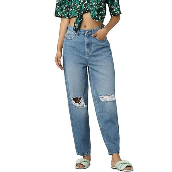 ONLY Women High Rise Relaxed Fit Highly Distressed |Light Fade Jeans (Medium Blue Denim)
