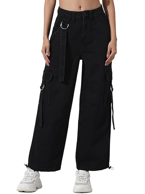 ONLY Women's Cargo Denim Jeans | High Rise Stretchable Baggy-Fit Cargo Denim (Jet Black))