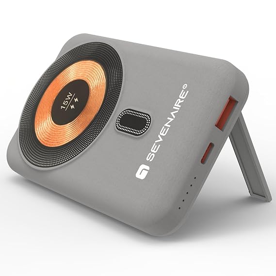 SEVENAIRE P100 Magnetic Magsafe Power Bank 10000mAh [Magsafe Compatible] [15W Fast Charge] Magnetic Wireless Power Bank for iPhone 12 & Above, [22.5W Wired], Type C PD Input/Output (Stone Gray