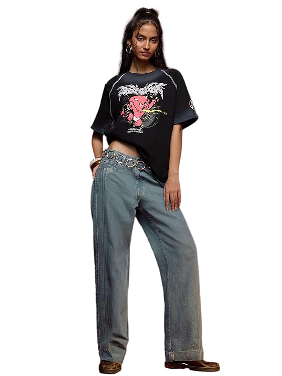 The Souled Store Straight-Fit Denim: Sapphire Women and Girls Buttoned Blue Solid Lightly Washed Straight Fit Cotton Jeans