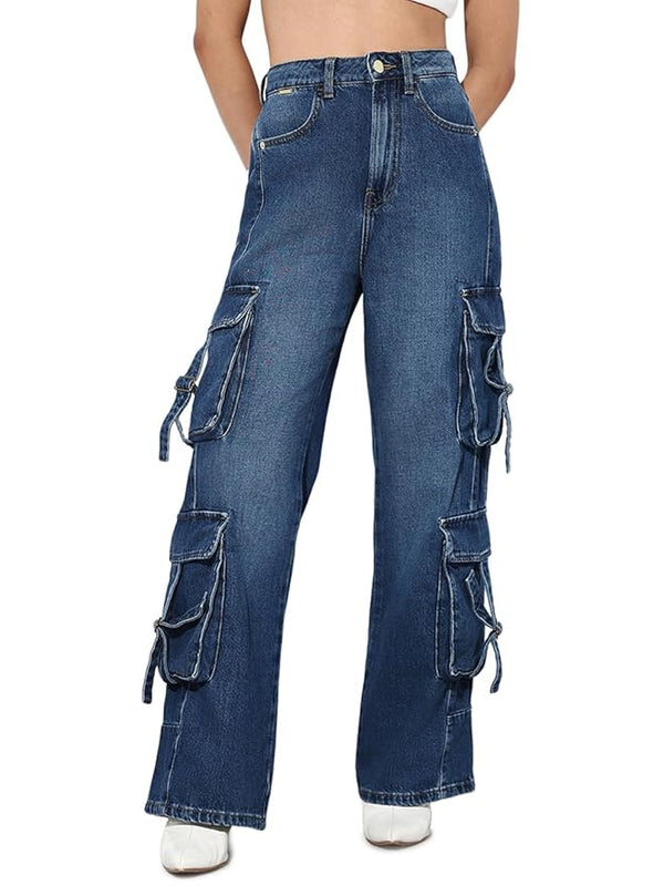 ONLY Womens Straight-Fit High Rise Cargo Denim Jeans | Wide Leg Cargo Jeans for Women (Dark Blue Denim)
