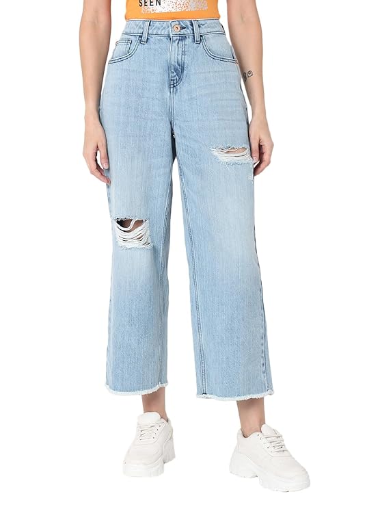 VERO MODA Women Cotton Wide Leg High-Rise Mildly Distressed Heavy Fade Cropped Jeans (Light Blue)