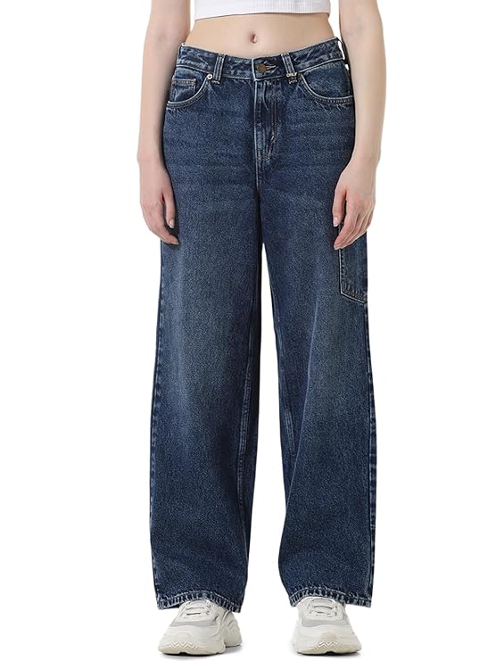 ONLY Women Straight Fit High-Rise Clean Look Light Fade Pure Cotton Jeans (Dark Blue Denim)