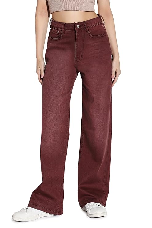 SHOWOFF Women's Maroon Wide Leg Denim Jeans (Maroon)