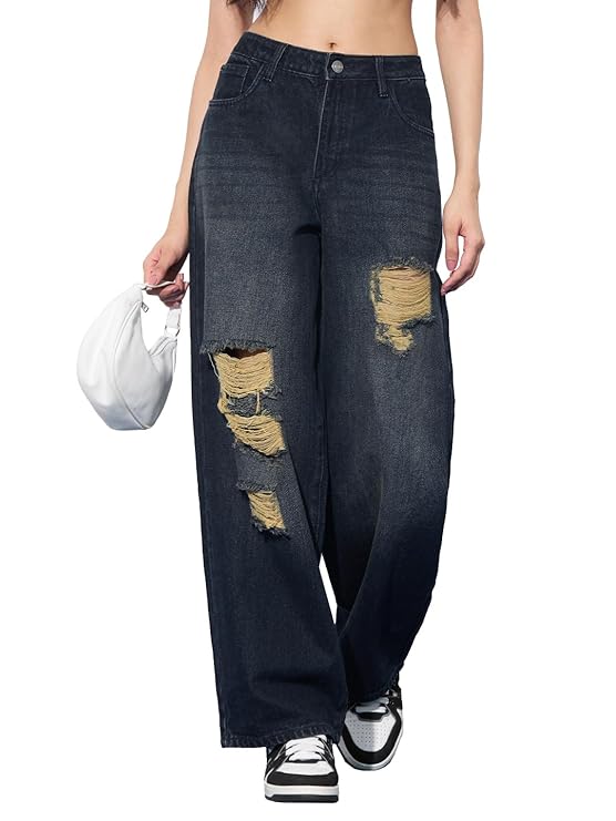 The Souled Store Denim: Distressed Clover Women and Girls Buttoned Blue High Distressed Baggy Fit Cotton Jeans (Distressed Clover)