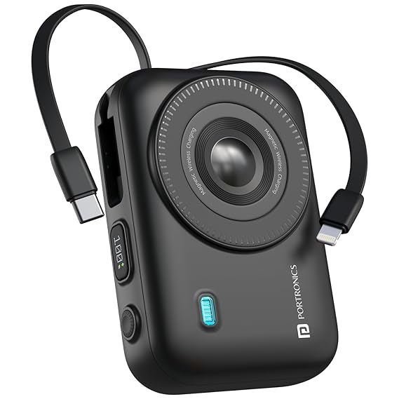 Portronics Power Shutter 20000mAh 15W Magnetic Wireless Fast Charging Powerbank with in-Built Type C & 8 Pin Cable, 22.5W Type C PD Output, Type C Bidirectional Port, LED Display (Black)