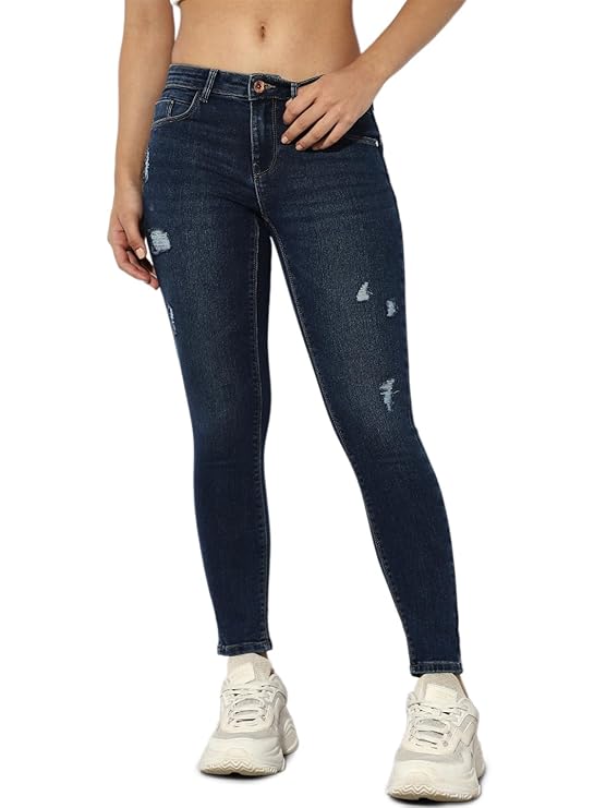 ONLY Women High Rise Skinny Fit Mildly Distressed Light Fade Stretchable Jeans (Dark Blue Denim)