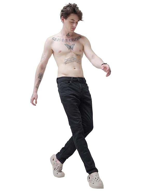 TURMS Men's Black Solid Mid Rise Stretchable Adventure Comfort Denim Pant Cotton Rich Jeans 30 Days No Wash Tailored Fit Casual Wear, Anti Stain Anti Odor Breathable (Available in Plus Sizes)