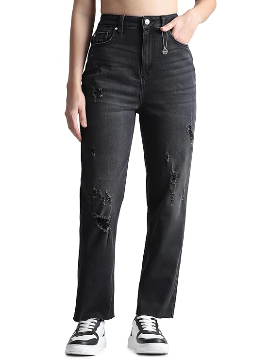 ONLY Women Mom Fit High-Rise Low Distress Light Fade Pure Cotton Jeans (Black)