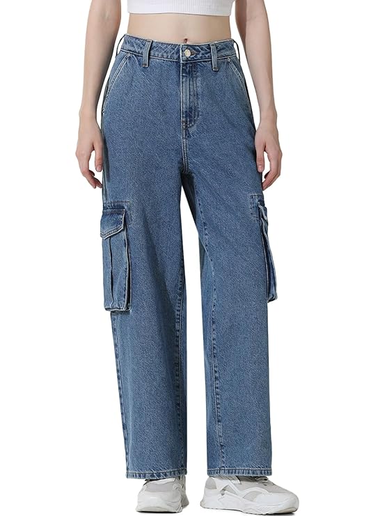 ONLY Women's Cargo Denim Jeans | High Rise Stretchable Straight-Fit Denim| Boyfriend Jeans for Women ( Medium Blue Denim)