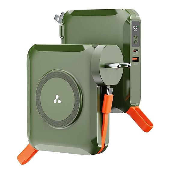 Ambrane 4-in-1 Powerbank, Magsafe Wireless & Laptop Charging with Inbuilt Type C Cable, 65W Fast Charging 15000mAh, Universal All-in-1 for iPhone, Android & MacBook/Type C Laptop (Aerosync 65, Green)