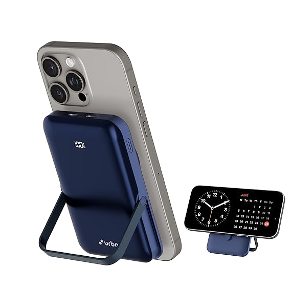URBN 10000 mAh Stand Pro Magsafe Power Bank with Foldable Metalic Stand | 15W Fast Wireless Charging | Strong Magnetic Hold | Type C Input/Output | Pass Through Charging (Blue)
