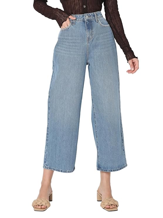 VERO MODA Women Wide Leg High Rise Heavy Fade Stretchable Jeans (Medium Blue Denim)