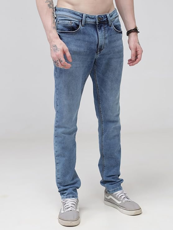 TURMS Men's Black Solid Mid Rise Stretchable Adventure Comfort Denim Pant Cotton Rich Jeans 30 Days No Wash Tailored Fit Casual Wear (Light Blue)