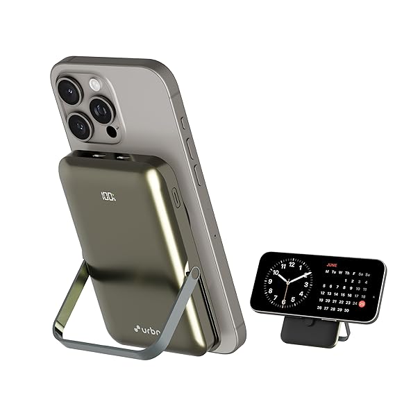 URBN 10000 mAh Stand Pro Magsafe Power Bank with Foldable Metalic Stand | 15W Fast Wireless Charging | Type C Input/Output | Pass Through Charging | MagTag Ring Included | (Gun Metal)