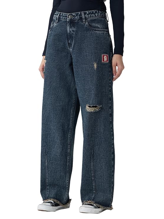 The Souled Store Baggy Fit: Souled Women and Girls Buttoned Cotton Jeans (Souled)