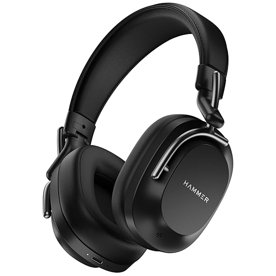 HAMMER Bash Pro 33 dB Hybrid ANC Over Ear Wireless Headphones, 4 Mics for Clear Calling, Charge 10mins = 300mins playtime (Black)