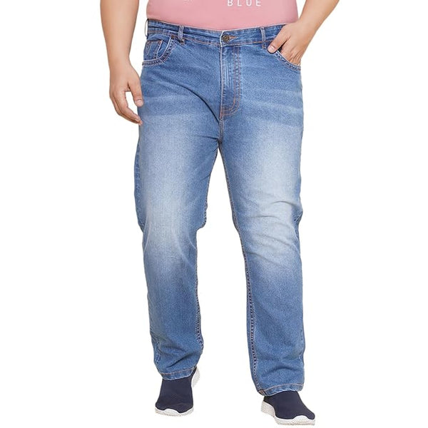 JOHN PRIDE Plus Size Men's Stretchable Mid-Rise Comfort Fit Clean Look Blue Cotton Jeans for Men (Blue)