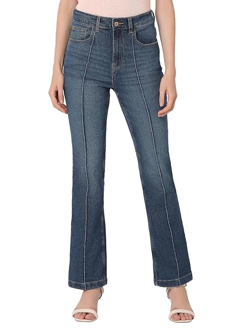 VERO MODA Women High Rise VM Petra BC HR AW24 Bootcut Light Fade Stretchable (Dark Blue Denim)