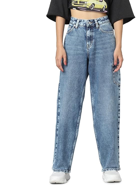 ONLY Women Straight Fit High-Rise Clean Look Light Fade Pure Cotton Jeans (Medium Blue Denim)