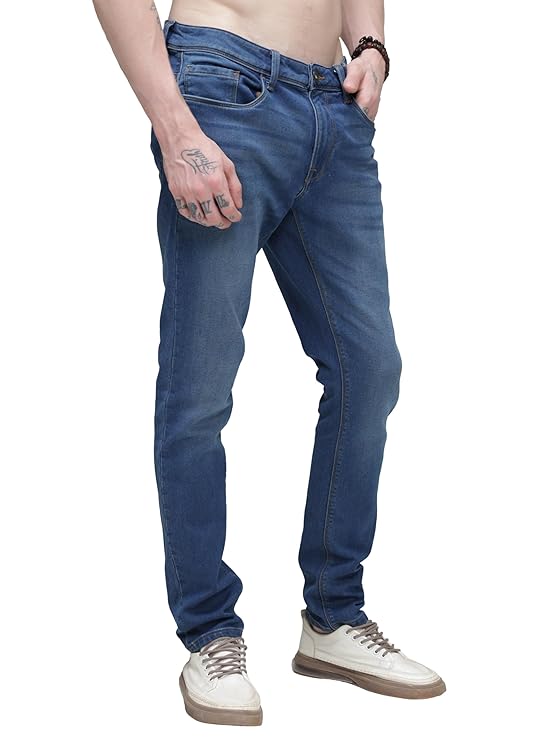 TURMS Men's Black Solid Mid Rise Stretchable Adventure Comfort Denim Pant Cotton Rich Jeans 30 Days No Wash Tailored Fit Casual Wear (Navy Blue)