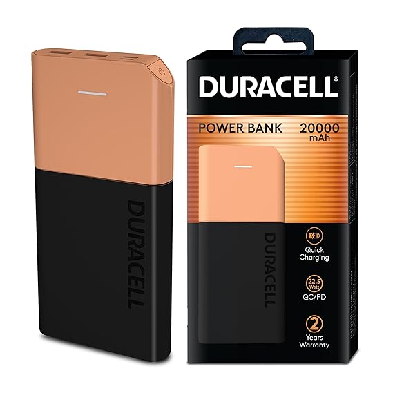 Duracell 20000 MAH Slimmest Power Bank with 1 Type C PD and 2 USB A Port, 22.5W Fast Charging Portable Charger (Multicolor)