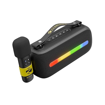 ZEBRONICS Sound Feast 80, Portable Bluetooth Speaker, 20 Watts, Upto 7h Backup, Bluetooth | USB, Karaoke, RGB LED Strip, Included Wireless Microphone, Detachable Carry Strap (Black)