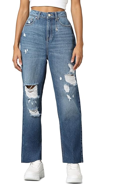 ONLY Women Mom Fit High-Rise Low Distress Light Fade Pure Cotton Jeans (Medium Blue Denim)